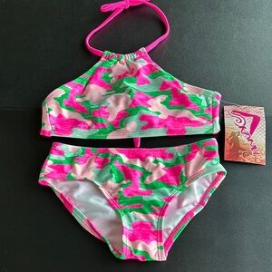Kanu Surf UPF 50+ Halter tie neck/back top bikini set,bright pink,greens
